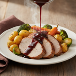 Black Garlic and Red Wine Sauce over Roast Pork with Baby Potatoes and Vegetables