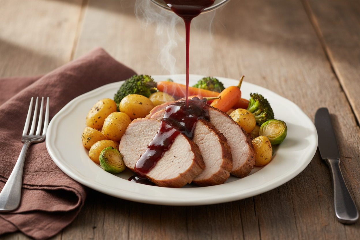 Black Garlic and Red Wine Sauce over Roast Pork with Baby Potatoes and Vegetables