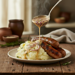 Cream sauce with tiny caramelised onion over sausages and mash