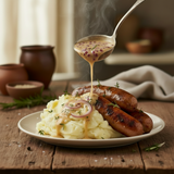 Cream sauce with tiny caramelised onion over sausages and mash